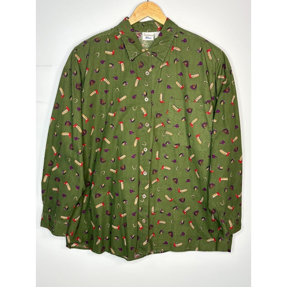 Backroad Blues Button Down Shirt Women 20W Green Equestrian Horse Cotton Vintage
